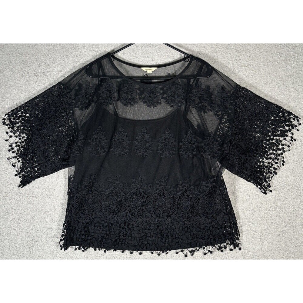 Adiva Layered Top Women’s Size L Black Short Kimono Sleeve Whimsy Goth Witchy